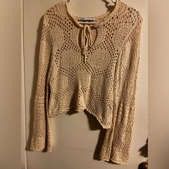 Zara Beige Crochet Tie-Front Top - Picture 1 of 3